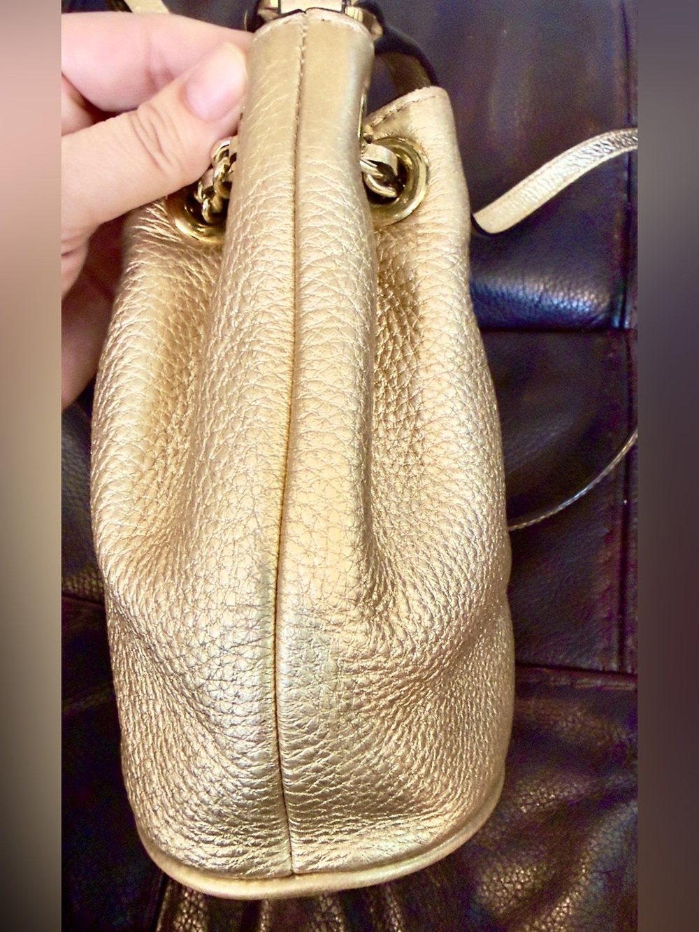 Mini Michael Kors Metallic Gold Leather Bucket Crossbody Bag “Frankie” w/Dusty - Picture 5 of 11